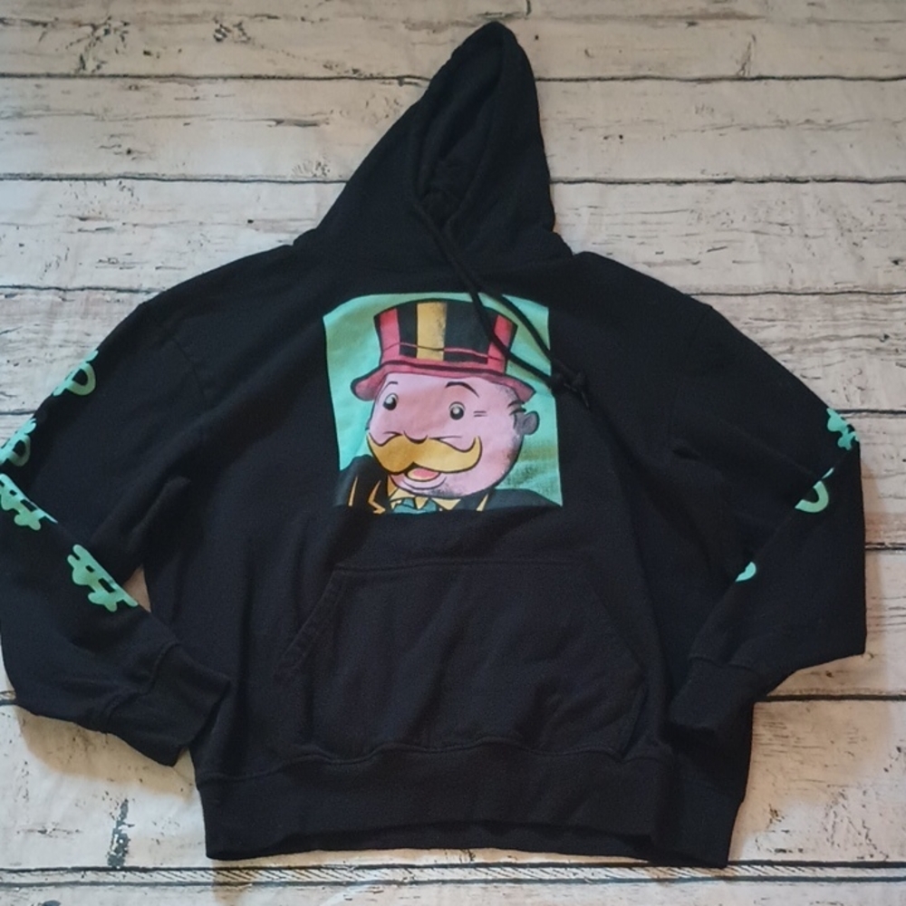Monopoly Men's Black Teal Graphic Dollar Sign Sleeve Hoodie L